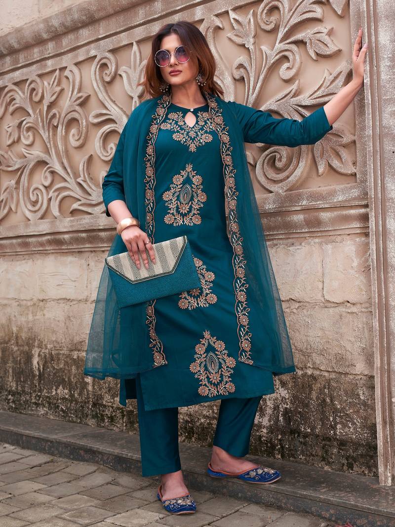 Teal Viscose Rayon Embroidered Straight Pant Suit
