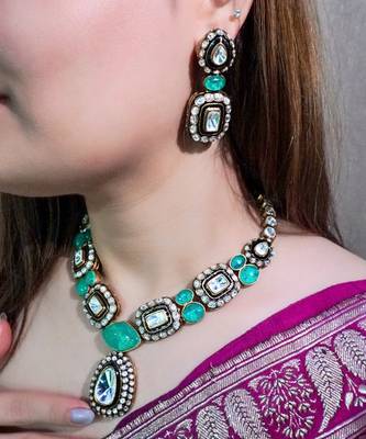 Gold plated kundan green stones necklace set 1