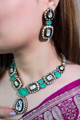 Gold plated kundan green stones necklace set