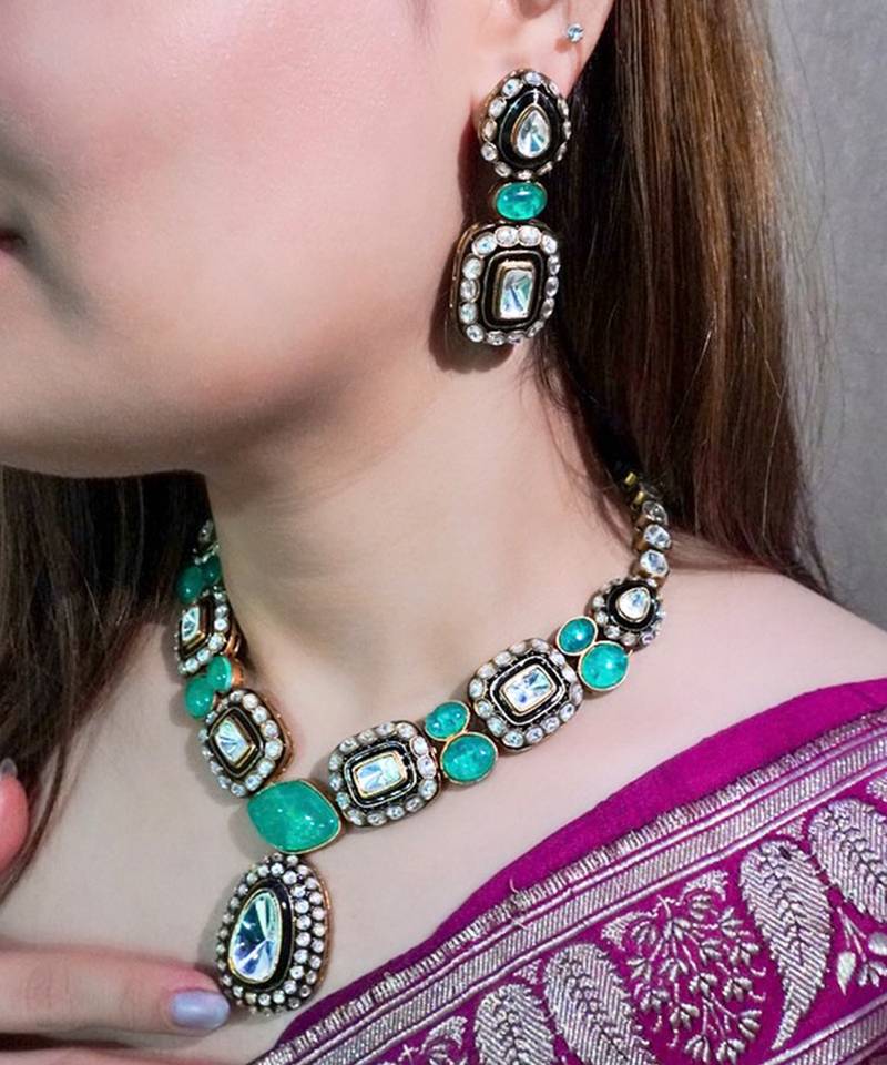 Gold plated kundan green stones necklace set
