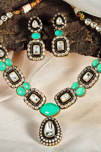 Gold plated kundan green stones necklace set
