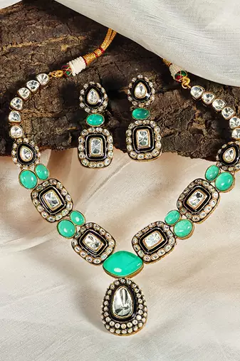 Gold plated kundan green stones necklace set
