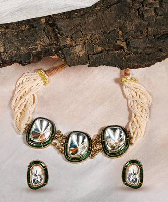 Gold plated kundan green enamel choker necklace set 1
