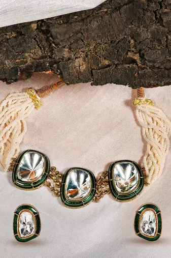 Gold plated kundan green enamel choker necklace set
