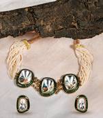 Gold plated kundan green enamel choker necklace set