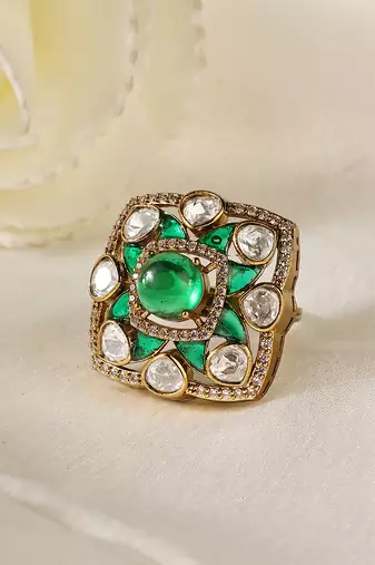 Gold plated kundan green stones ring