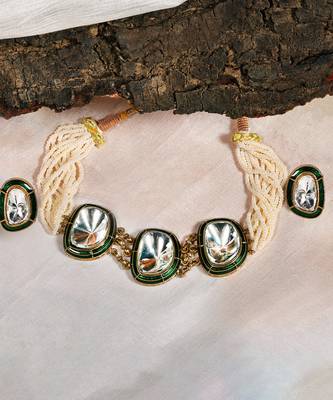 Gold plated kundan green enamel choker necklace set 2