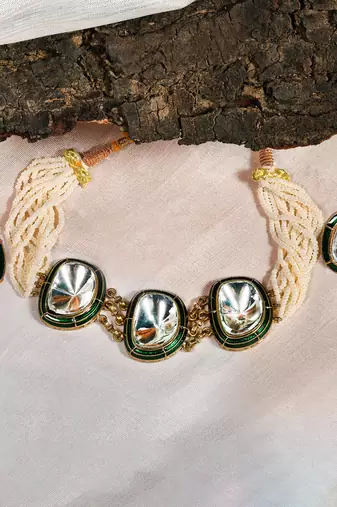 Gold plated kundan green enamel choker necklace set