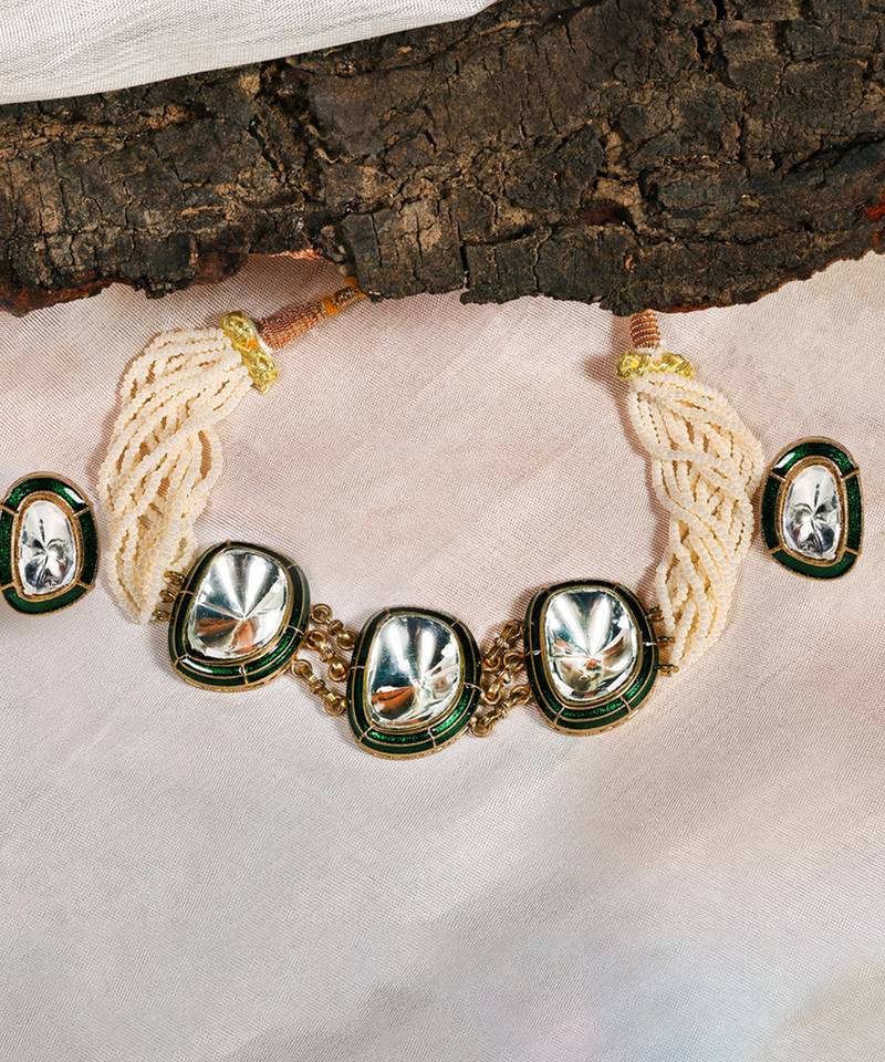 Gold plated kundan green enamel choker necklace set
