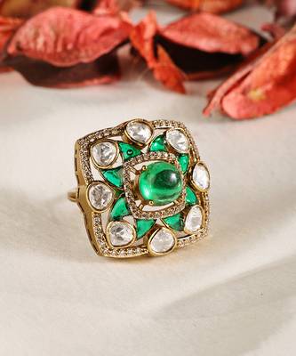 Gold plated kundan green stones ring 2