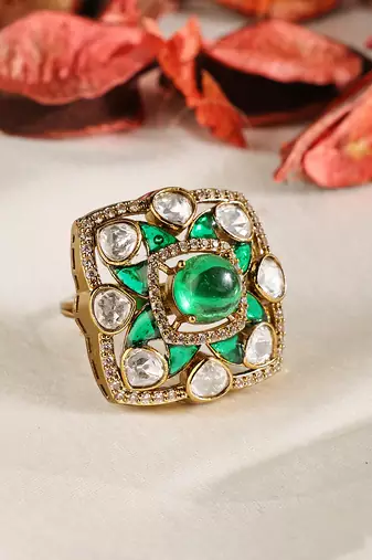 Gold plated kundan green stones ring