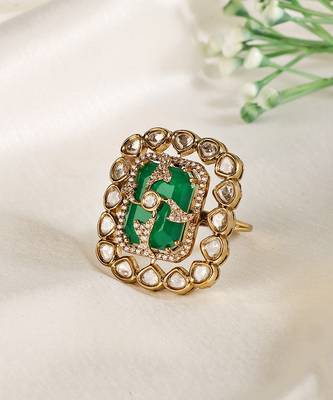 Gold plated kundan green stones ring 1
