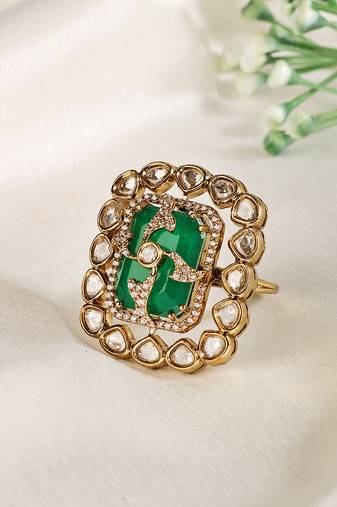 Gold plated kundan green stones ring
