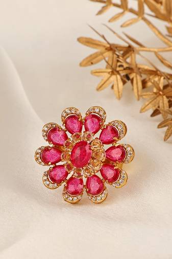 Gold plated kundan red stones ring
