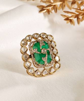 Gold plated kundan green stones ring 2