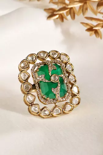 Gold plated kundan green stones ring