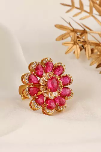 Gold plated kundan red stones ring