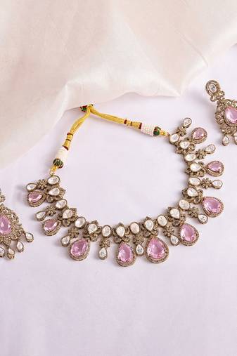 Gold plated kundan pink stones necklace set