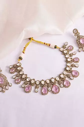 Gold plated kundan pink stones necklace set