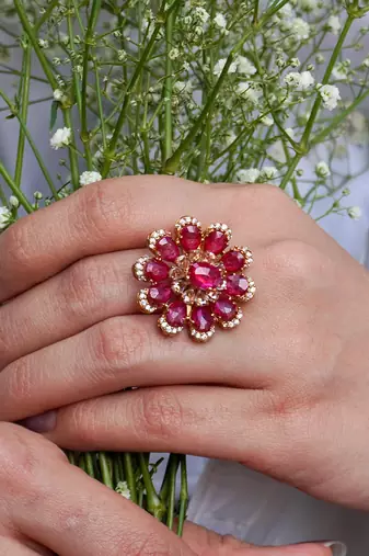 Gold plated kundan red stones ring