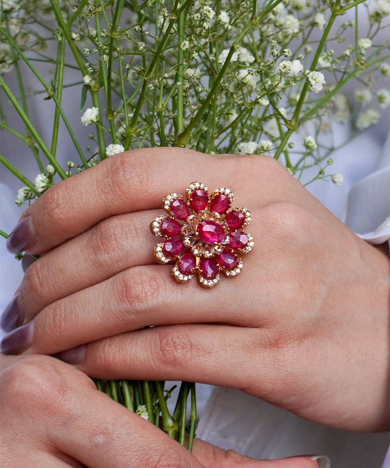 Gold plated kundan red stones ring