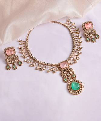 Gold plated kundan green stones necklace set 1