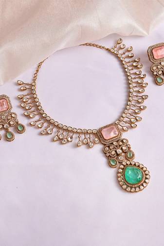 Gold plated kundan green stones necklace set