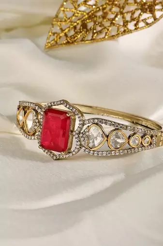 Gold plated kundan red stone bangle