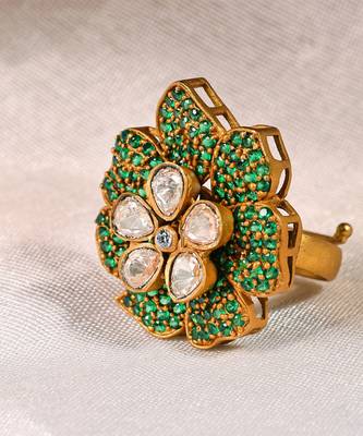 Gold plated kundan green stones ring 1
