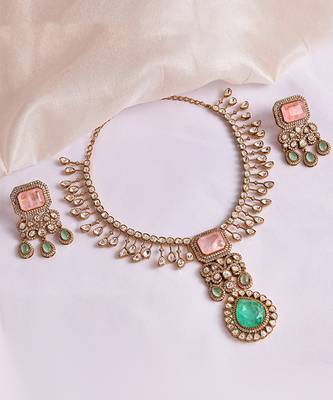 Gold plated kundan green stones necklace set 2