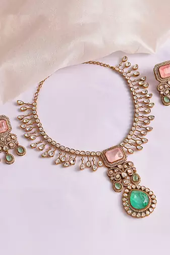 Gold plated kundan green stones necklace set