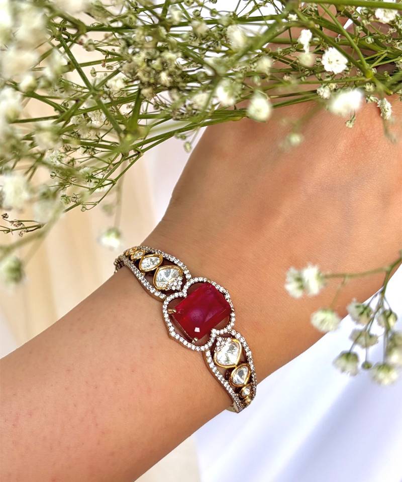 Gold plated kundan red stone bangle