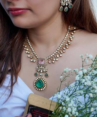 Gold plated kundan green stones necklace set 3