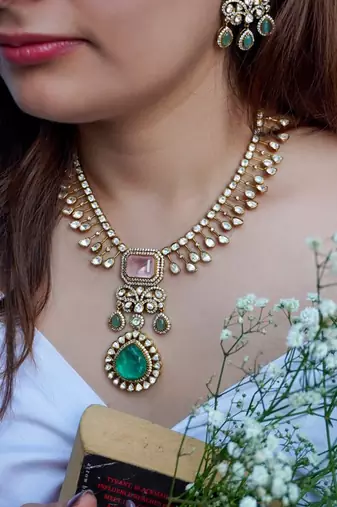 Gold plated kundan green stones necklace set