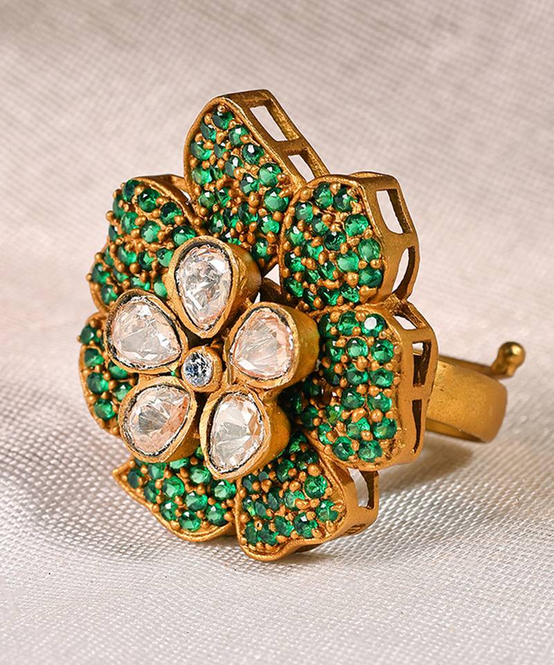 Gold plated kundan green stones ring