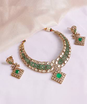 Gold plated kundan green stones necklace set 2