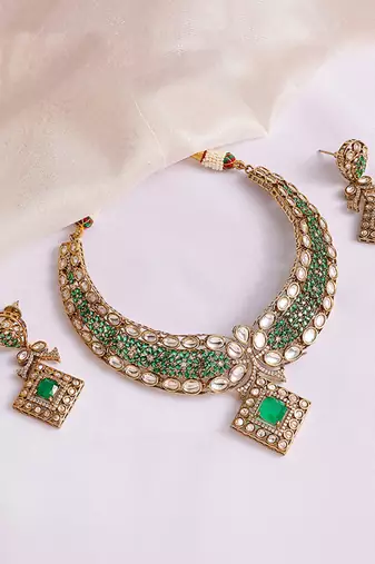 Gold plated kundan green stones necklace set