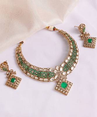 Gold plated kundan green stones necklace set 3