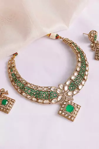 Gold plated kundan green stones necklace set