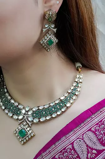 Gold plated kundan green stones necklace set
