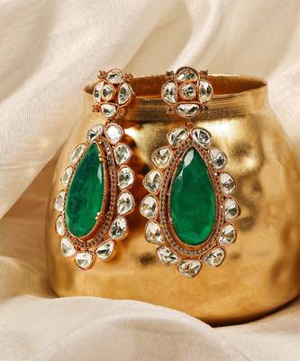Gold plated kundan green stones dangler earrings 1
