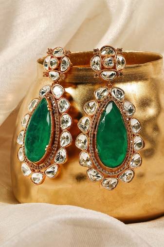Gold plated kundan green stones dangler earrings