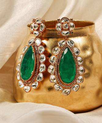 Gold plated kundan green stones dangler earrings 2