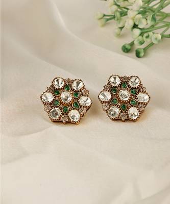 Gold plated kundan green stones stud earrings 1