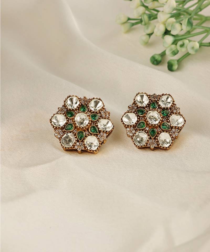 Gold plated kundan green stones stud earrings
