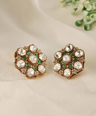 Gold plated kundan green stones stud earrings 2