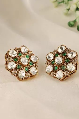 Gold plated kundan green stones stud earrings