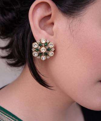 Gold plated kundan green stones stud earrings 3