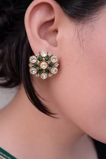 Gold plated kundan green stones stud earrings