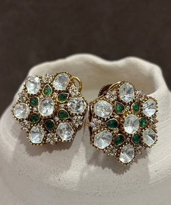 Gold plated kundan green stones stud earrings 4